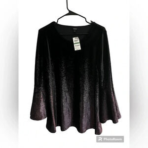 Alfalfa long sleeve top with bell sleeves; velvet black with purple sparkles